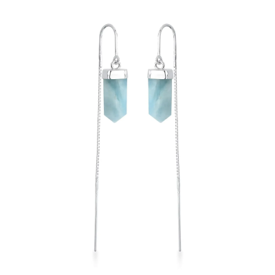 Brinco Corrente Única Pedra Natural Água Marinha Ponta Lapidada Prata 925